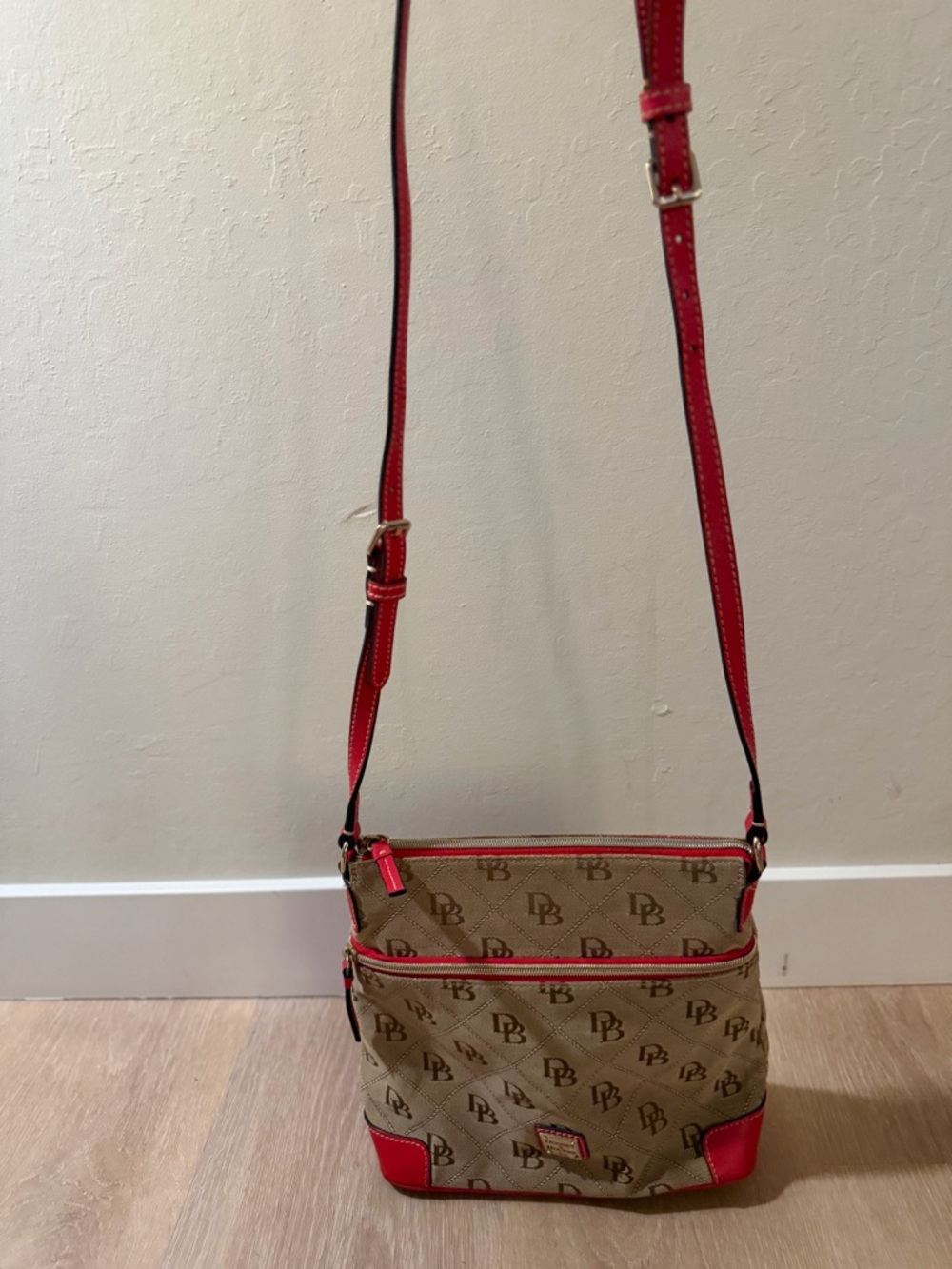 Dooney & Bourke Tan Signature Crossbody with Red Trim